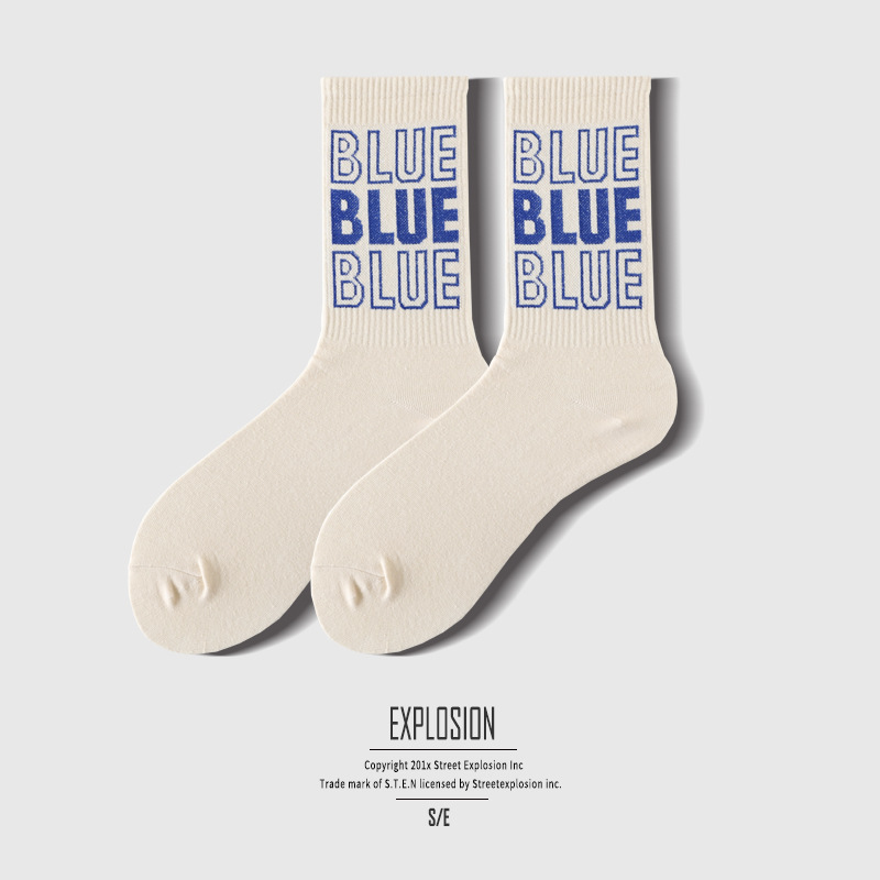 Autumn And Winter In Tube Socks Cotton Sports Socks Tide Personality Street Letter BLUE Socks